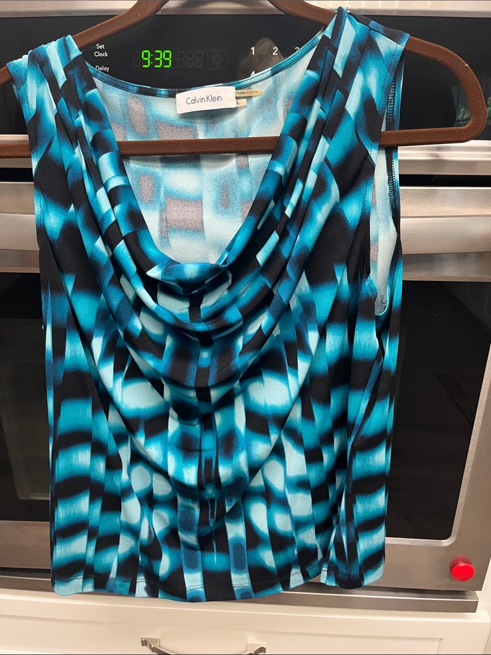 Calvin Klein Teal and Black Geometric Draped Neck Camisole